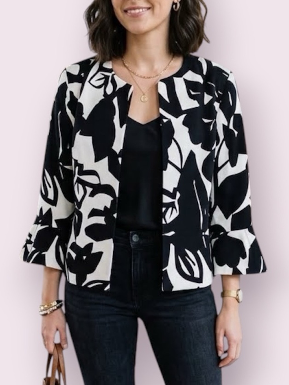 Halogen Shrunken Blazer 3/4 Flounce Sleeve Black & White Floral Print Size Large